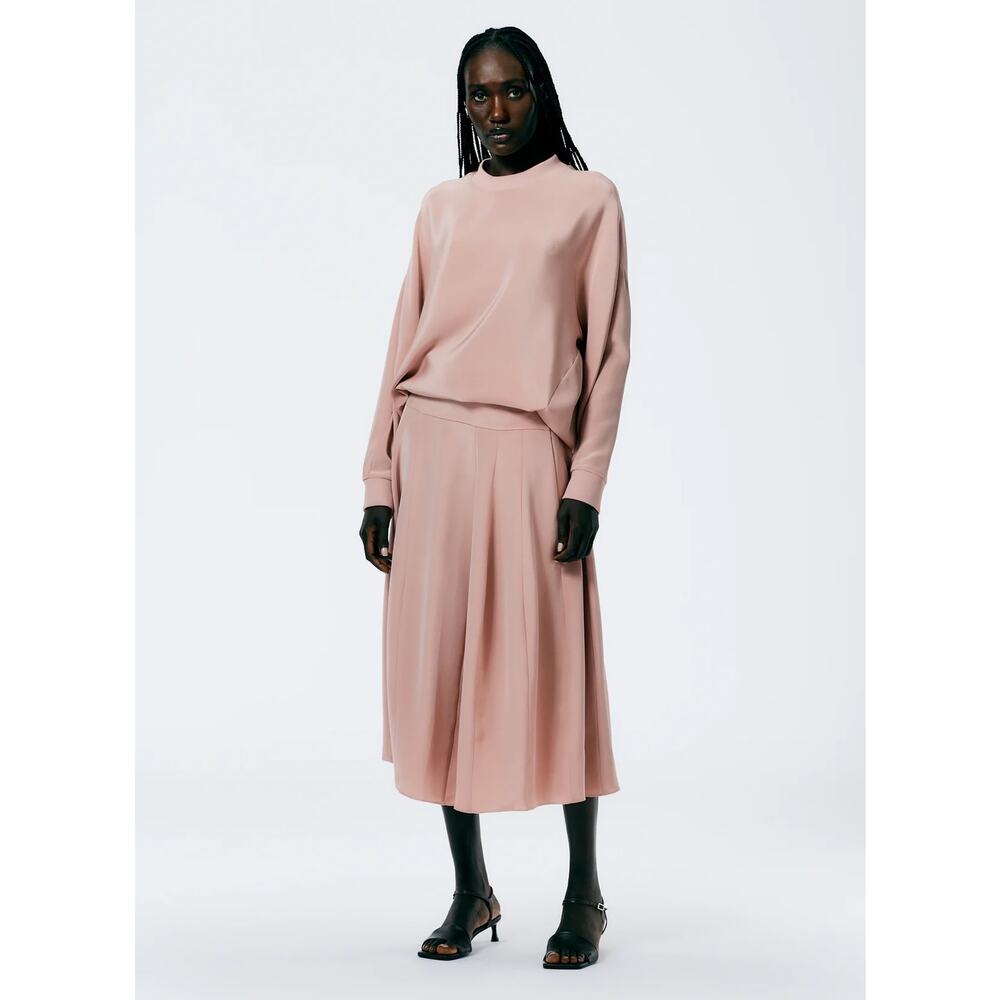 Tibi 4-Ply Silk Lantern Midi Skirt Dusty Blush Pink 0